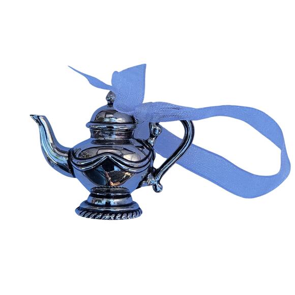 Vintage Silver Teapot Christmas Ornament with Ribbon Bow - Picture 1 of 10